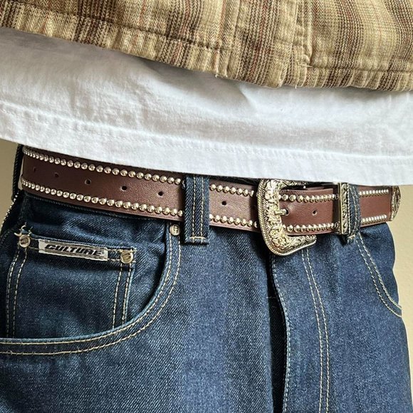 vintage brown studded american western cowboy boho belt - Picture 4 of 8